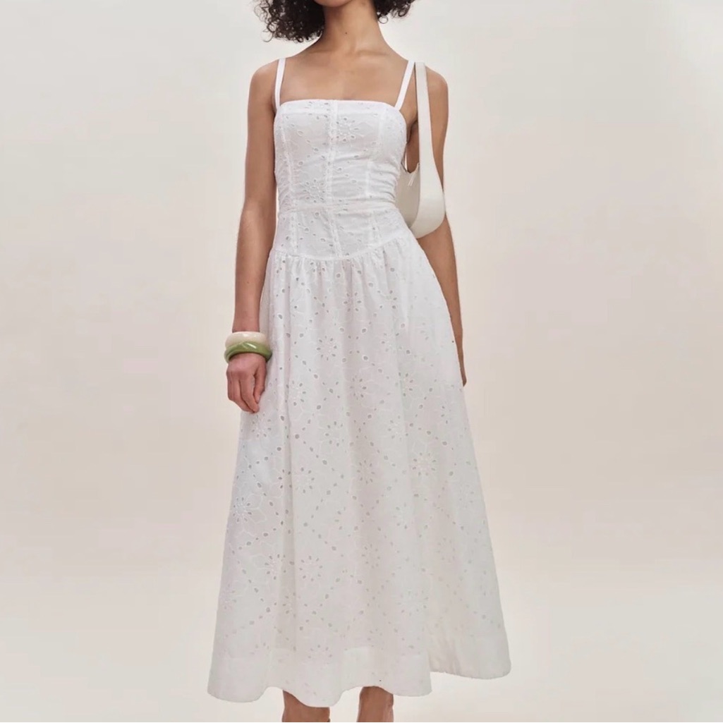 Reformation White Eyelet Midi Dress (Katarin Dress) - Size 6